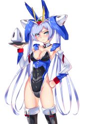 Rule 34 | 00 gundam, 1girl, absurdres, animal ears, blue eyes, blue hair, breasts, bunny day, cleavage, clenched hand, fake animal ears, gn drive, gundam, gundam 00, hand on own hip, highres, holding, holding tray, i.takashi, leotard, looking to the side, mecha musume, mechanical ears, personification, solo, tray, twintails, v-shaped eyebrows, white background