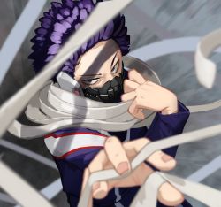 Rule 34 | 1boy, bandages, black eyes, blue hair, blue shirt, blurry, blurry background, boku no hero academia, commentary request, grey background, hands up, highres, holding, long sleeves, looking at viewer, male focus, mask, motion blur, mouth mask, multicolored shirt, purple hair, red shirt, shinsou hitoshi, shirt, short hair, solo, spiked hair, u.a. gym uniform, upper body, v-shaped eyebrows, white shirt, zakozako y
