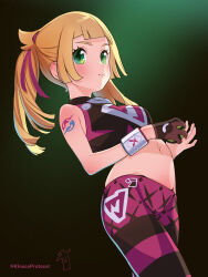 Rule 34 | 1girl, arm tattoo, blonde hair, blunt bangs, blush, breasts, closed mouth, commentary request, cosplay, creatures (company), dusk ball, dynamax band, eyelashes, game freak, gloves, green eyes, hair ribbon, highres, holding, holding poke ball, kinocopro, leggings, lillie (pokemon), marnie (pokemon) (cosplay), medium breasts, midriff, navel, nintendo, poke ball, pokemon, pokemon sm, pokemon swsh, purple ribbon, ribbon, shirt, single glove, sleeveless, sleeveless shirt, small breasts, smile, solo, tattoo, twintails, twitter username, watermark
