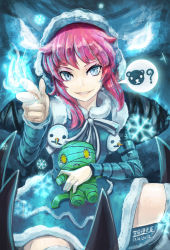 Rule 34 | 1girl, amumu, annie (league of legends), beancurd, blue eyes, blue fire, character doll, fire, frostfire annie, fur trim, highres, hood, league of legends, looking at viewer, pink hair, pyrokinesis, smile, solo, tibbers, when you see it