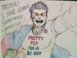 Rule 34 | 1boy, bandages, bisexual, bisexual flag, bisexual male, closed eyes, clothes writing, english text, fate/grand order, fate (series), fatejuj, fergus mac roich (fate), flag, flag print, highres, lower teeth only, lyrics, male focus, muscular, pectorals, purple hair, scar, shirt, smile, solo, teeth, upper teeth only, white shirt