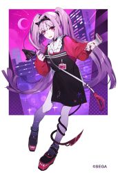 Rule 34 | 1girl, absurdres, apron, black apron, character request, crescent moon, demon tail, facial mark, fake horns, full body, hairband, heart, heart facial mark, highres, holding, horns, kamameshi gougoumaru, long hair, long sleeves, looking at viewer, moon, official art, pantyhose, pink eyes, pink hair, red shirt, sega, shirt, smile, solo, tail, tail around own leg, twintails, very long hair