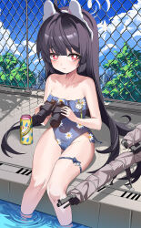 Rule 34 | 1girl, animal ears, binoculars, black hair, blue archive, blue one-piece swimsuit, blue sky, bolt action, bright pupils, casual one-piece swimsuit, chain-link fence, cloud, collarbone, day, fake animal ears, fence, flat chest, floral print, frilled one-piece swimsuit, frills, gun, highres, long hair, miyu (blue archive), mosin-nagant, ondo (pixiv33569221), one-piece swimsuit, outdoors, pool, poolside, rabbit ears, red eyes, rifle, sky, sniper rifle, soaking feet, solo, strapless one-piece swimsuit, swimsuit, thermos, water, weapon, white pupils