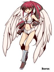 Rule 34 | 1girl, angel wings, bare shoulders, character name, cleavage cutout, clothing cutout, cutoffs, gloves, gradient eyes, image sample, magic: the gathering, md5 mismatch, midriff, multicolored eyes, oshiruko (tsume), personification, pixiv sample, ponytail, red hair, short shorts, shorts, solo, suspenders, wings