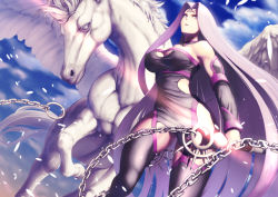 Rule 34 | 1girl, bare shoulders, bellerophon (fate), black thighhighs, breasts, chain, commentary request, detached sleeves, fate/grand order, fate (series), feathered wings, highres, hip vent, itaco, long hair, medusa (fate), medusa (rider) (fate), medusa (rider) (third ascension) (fate), pixiv fate/grand order contest 2, purple eyes, purple hair, snake hair, thighhighs, very long hair, wings