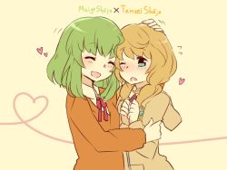 Rule 34 | 2girls, :d, ^ ^, blonde hair, blue eyes, blush, cheek-to-cheek, clenched hands, closed eyes, collared shirt, copyright name, emblem, flying sweatdrops, green hair, gumi, head tilt, heads together, heart, hood, hoodie, iede no shounen to maigo shoujo, kagamine rin, long hair, long sleeves, motion lines, multiple girls, neck ribbon, necktie, one eye closed, open mouth, orange sweater, own hands together, red necktie, red ribbon, ribbon, shirt, simple background, sketch, smile, sweater, tensei shoujo to tensei shounen, vocaloid, white shirt, wing collar, yellow background, yunare, yuri, zipper