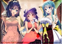 3girls :d alternate_costume aqua_hair azusa_(azchemist63) bare_shoulders blue_eyes blue_hair braid breasts closed_mouth commission cup dress drinking_glass earrings eirika_(fire_emblem) fire_emblem fire_emblem:_the_sacred_stones flower hair_between_eyes highres holding holding_cup holding_flower jewelry large_breasts looking_at_viewer medium_breasts multiple_girls myrrh_(fire_emblem) nintendo open_mouth ponytail purple_hair red_eyes skeb_commission sleeveless sleeveless_dress small_breasts smile tana_(fire_emblem) teeth twin_braids twintails upper_teeth_only