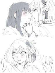 Rule 34 | 2girls, blush, closed eyes, closed mouth, commentary request, ear blush, greyscale, hair ribbon, hand on another&#039;s chin, hands up, imminent kiss, inoue takina, long hair, looking at another, lycoris recoil, medium hair, monochrome, multiple girls, nishikigi chisato, one side up, parted lips, ribbon, shiratama draw, yuri