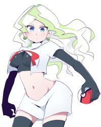 Rule 34 | 1girl, black gloves, blue eyes, breasts, closed mouth, cosplay, creatures (company), diana cavendish, earrings, elbow gloves, game freak, gloves, hys-d, jessie (pokemon), jessie (pokemon) (cosplay), jewelry, light green hair, little witch academia, long hair, looking at viewer, midriff, navel, nintendo, pokemon, pokemon (anime), simple background, skirt, solo, team rocket, team rocket uniform, thighhighs, white background, white skirt