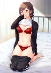 Rule 34 | 1girl, arm support, arm up, bedroom, black jacket, black pants, blush, bra, breasts, brown eyes, brown hair, clothes lift, clothes pull, covering own mouth, gym uniform, highres, jacket, jersey, kotohane, lingerie, looking to the side, medium breasts, midriff, navel, nose blush, on bed, open clothes, open jacket, original, panties, pants, pants pull, red bra, red panties, shirt, shirt lift, short hair, solo, thighs, underwear, white shirt