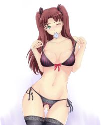 Rule 34 | 1girl, bad id, bad pixiv id, black panties, black thighhighs, blush, bra, breasts, brown hair, censored, condom, condom in mouth, crotchless, crotchless panties, fate/stay night, fate (series), green eyes, hair ribbon, has uncensored version, highres, ixmmxi, large breasts, lingerie, long hair, looking at viewer, mouth hold, navel, one eye closed, panties, pussy, ribbon, shiny skin, side-tie panties, simple background, smile, solo, strap lift, striped bra, striped clothes, thigh gap, thighhighs, tohsaka rin, twintails, two side up, type-moon, underwear, vertical stripes, white background