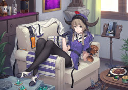 Rule 34 | 1girl, arknights, armchair, athrun1120, black gloves, black pantyhose, book, bottle, chair, chalice, coin, commentary request, crossed legs, cup, curtains, dress, flower, flower on head, food, fork, full body, gloves, hands up, holding, horns, indoors, jacket, jacket on shoulders, on chair, pallas (arknights), pantyhose, plate, purple dress, red flower, shoes, short sleeves, solo, veil, white dress, white footwear, white jacket, window