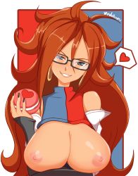 Rule 34 | &gt;:d, 1girl, :d, android 21, arm warmers, bare shoulders, big hair, black-framed eyewear, blue eyes, breasts, breasts out, brown hair, cleavage, curly hair, dragon ball, dragon ball fighterz, dress, earrings, glasses, grin, heart, hoop earrings, jellcaps, jewelry, lab coat, large breasts, long hair, looking at viewer, multicolored clothes, multicolored dress, nail polish, nipples, no bra, open mouth, red hair, smile, solo, teeth, upper body, v-shaped eyebrows, valentine