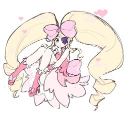 Rule 34 | 1girl, 5rwpvc, blonde hair, boots, bow, bowtie, closed mouth, drill hair, earrings, eyepatch, gloves, harime nui, heart, heart earrings, high heel boots, high heels, highres, jewelry, kill la kill, knees up, long hair, pink bow, pink bowtie, pink footwear, pink gloves, pink skirt, pink vest, purple eyes, simple background, skirt, smile, solo, twin drills, twintails, very long hair, vest, white background