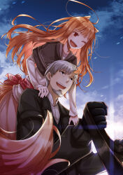 Rule 34 | 1boy, 1girl, :d, animal ears, ayakura juu, beard, black jacket, brown capelet, capelet, cover, cover page, craft lawrence, facial hair, green eyes, hands on another&#039;s shoulders, highres, holding, holding reins, holo, jacket, long skirt, long sleeves, novel cover, official art, open mouth, orange hair, outdoors, pink skirt, red eyes, reins, second-party source, shirt, sitting, skirt, sky, smile, spice and wolf, standing, tail, upper body, white hair, white shirt, wolf ears, wolf girl, wolf tail