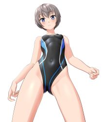 Rule 34 | 1girl, absurdres, black one-piece swimsuit, blue eyes, breasts, clothes writing, commentary request, competition swimsuit, covered navel, from below, gluteal fold, grey hair, highleg, highleg swimsuit, highres, looking at viewer, multicolored clothes, multicolored swimsuit, one-piece swimsuit, original, parted lips, short hair, simple background, small breasts, solo, standing, swimsuit, takafumi, tomboy, variant set, white background