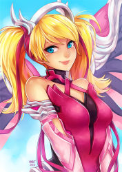 Rule 34 | 1girl, alternate hairstyle, artist name, bare shoulders, blonde hair, blue eyes, blue sky, breasts, day, dress, elbow gloves, gloves, hair ribbon, halo, halterneck, looking at viewer, mechanical halo, mechanical wings, medium breasts, mercy (overwatch), official alternate costume, overwatch, overwatch 1, pink dress, pink lips, pink mercy, pink ribbon, pink wings, ribbon, signature, sky, solo, spread wings, twintails, upper body, v arms, vmat, wings
