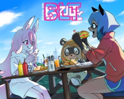 Rule 34 | 3girls, :p, blue hair, brand new animal, cellphone, chair, city, cup, day, drinking straw, female focus, food, fork, furry, furry female, hiwatashi nazuna, holding, holding food, hoyon, jackie (bna), kagemori michiru, long hair, multicolored hair, multiple girls, open mouth, outdoors, phone, pink hair, plate, sandwich, short hair, short shorts, shorts, sitting, smartphone, table, tongue, tongue out