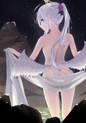 Rule 34 | 1girl, absurdres, ahoge, alternate hairstyle, ass, azusa (blue archive), blue archive, butt crack, flower, hair flower, hair ornament, halo, highres, lkovn956271, long hair, night, onsen, ponytail, purple eyes, solo, towel, wings