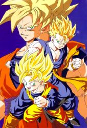 Rule 34 | 3boys, dragon ball, father and son, fighting stance, happy, highres, multiple boys, muscular, muscular male, official art, smile, son gohan, son goku, son goten, super saiyan, tagme