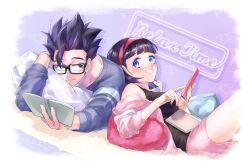 Rule 34 | bed, black hair, blush, book, couple, dragon ball, dragon ball super, glasses, husband and wife, looking at another, looking to the side, pillow, son gohan, tagme, thick thighs, thighs, videl