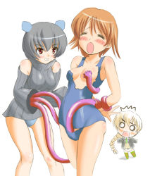 Rule 34 | 00s, 3girls, :o, ^^^, bare shoulders, blush, chibi, cowboy shot, empty eyes, full body, long sleeves, lynette bishop, miyafuji yoshika, multiple girls, neuroi, neuroi girl, open mouth, simple background, standing, strike witches, surprised, sweater, swimsuit, tentacles, torn clothes, turtleneck, white background, wince, world witches series, yuri