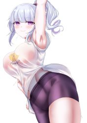 Rule 34 | 1girl, absurdres, arm up, armpits, azur lane, bike shorts, black shorts, blue hair, blunt bangs, breasts, closed mouth, commentary request, dido (azur lane), hand on own hip, herohero (higashi no dou), highres, large breasts, light blue hair, looking at viewer, midriff peek, navel, ponytail, purple eyes, shirt, short sleeves, shorts, simple background, smile, solo, standing, white background, white shirt