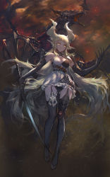 Rule 34 | 1girl, animal ears, armor, bare shoulders, belt, black gloves, black thighhighs, blonde hair, breasts, choker, claws, cleavage, dragon, dragon nest, dress, elbow gloves, full body, garter straps, gloves, highres, holding, holding sword, holding weapon, horns, long hair, scale armor, slit pupils, solo, swd3e2, sword, thighhighs, very long hair, weapon, yellow eyes