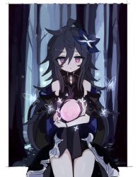 Rule 34 | 1girl, antenna hair, bad id, bad pixiv id, bare legs, black dress, black hair, blue flower, bracelet, bug, butterfly, commentary, covered collarbone, cowboy shot, crossed arms, diamond (shape), dress, elsword, firefly, flower, forest, framed, hair flower, hair ornament, highres, insect, jewelry, laby (elsword), long hair, looking down, mirror, nature, night, nisha (elsword), nisha labyrinth (elsword), open clothes, open dress, out of frame, outside border, pink eyes, seu 9 (banya), sidelocks, sleeveless, sleeveless dress, solo, standing, tree, very long hair