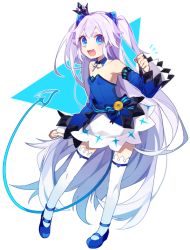 Rule 34 | + +, 1girl, :d, blue eyes, blue footwear, blue sleeves, breasts, collarbone, crown, demon tail, detached collar, detached sleeves, elsword, fang, full body, headgear, jewelry, long hair, long sleeves, luciela r. sourcream, mary janes, mini crown, miniskirt, misusugi, necklace, open mouth, shoes, silver hair, skirt, small breasts, smile, solo, standing, strapless, tail, thighhighs, twintails, very long hair, white background, white skirt, white thighhighs, wide sleeves, wing collar, zettai ryouiki
