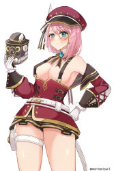 Rule 34 | 1girl, absurdres, aqua eyes, areola slip, belt, blush, brooch, cabbie hat, camera, charlotte (genshin impact), commentary request, cowboy shot, detached sleeves, genshin impact, gloves, hand on own hip, hand up, hat, high-waist skirt, highres, holding, holding camera, jewelry, long sleeves, looking at viewer, miniskirt, monocle, morimiya (mori), pink hair, red hat, red skirt, short hair, simple background, skirt, solo, standing, suspenders, thigh strap, thighs, white background, white belt, white gloves