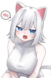 1girl absurdres animal_ears blue_eyes blush breasts cat_ears cat_girl cat_tail fang highres large_breasts looking_at_viewer maimai_(game) milk_(maimai) nose_blush open_mouth short_hair simple_background sitting skin_fang solo spoken_blush tail tt_(mmk_lr) white_background white_hair white_romper