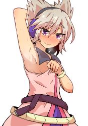 Rule 34 | 1girl, arm behind head, arm up, armpits, bare arms, belt, blonde hair, blush, bracelet, breasts, cowboy shot, earmuffs, hair between eyes, hato no suisou, headphones, highres, jewelry, looking at viewer, no bra, pointy hair, purple eyes, sash, shirt, shirt tug, sideboob, simple background, sleeveless, sleeveless shirt, small breasts, smile, solo, sweat, touhou, toyosatomimi no miko, white background