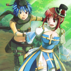 Rule 34 | 1boy, 1girl, :3, animal, animal on head, arch bishop (ragnarok online), belt, black headwear, blue dress, blue eyes, blue hair, bow, breasts, brown belt, brown gloves, camouflage scarf, cat, cat on head, cleavage cutout, clothing cutout, commentary request, crop top, cross, dress, feet out of frame, flower, frilled hat, frilled thighhighs, frills, gloves, green scarf, green shirt, green shorts, hat, hat bow, hat flower, heterochromia, holding another&#039;s wrist, juliet sleeves, long hair, long sleeves, looking at another, medium breasts, midriff, mini hat, natsuya (kuttuki), navel, on head, open mouth, ponytail, puffy sleeves, quiver, ragnarok online, ranger (ragnarok online), red eyes, red flower, red hair, running, sash, scarf, shirt, short hair, shorts, sidelocks, sleeveless, sleeveless shirt, smile, sunlight, thighhighs, top hat, two-tone dress, white bow, white dress, white thighhighs, yellow sash