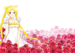 Rule 34 | 1990s (style), 1girl, bishoujo senshi sailor moon, blonde hair, blue eyes, crescent, crescent facial mark, double bun, dress, facial mark, field, flower, flower field, forehead mark, long hair, princess serenity, red flower, red rose, retro artstyle, rose, smile, solo, tachibana rei (ginsuna), tsukino usagi, twintails, white background, white dress