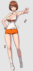 Rule 34 | 1girl, breasts, brown eyes, brown hair, butcha-u, cleavage, clothes writing, employee uniform, female focus, grey background, hand on own hip, hooters, large breasts, long image, no legwear, pointing, pointing forward, shoes, short hair, short shorts, shorts, smile, sneakers, socks, solo, tall image, tank top, uniform, waitress