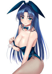 Rule 34 | 1girl, animal ears, asakura ryouko, blue bow, blue bowtie, bow, bowtie, breasts, cleavage, clothes tug, detached collar, fake animal ears, fishnet pantyhose, fishnets, leotard, looking at viewer, mexif, pantyhose, parted bangs, playboy bunny, rabbit ears, resolution mismatch, smile, solo, source smaller, strapless, strapless leotard, suzumiya haruhi no yuuutsu, thighs, wrist cuffs