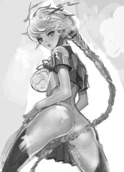 Rule 34 | 10s, 1girl, ass, braid, braided ponytail, breasts, cloud print, faux traditional media, from behind, greyscale, hair ornament, kantai collection, large breasts, lips, long hair, looking at viewer, looking back, monochrome, murata tomohide, single braid, sketch, solo, thighhighs, thighs, unryuu (kancolle), very long hair