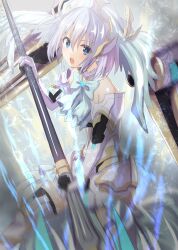 Rule 34 | 1girl, alternate costume, artina, bare shoulders, blue eyes, bridal veil, date a live, highres, holding, holding polearm, holding weapon, mecha musume, neck ribbon, open mouth, polearm, ribbon, short hair, solo, tobiichi origami, veil, weapon, white hair, white ribbon