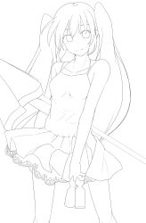 Rule 34 | 1girl, absurdres, breasts, dress, greyscale, hatsune miku, highres, hujikok, lineart, long hair, looking at viewer, monochrome, small breasts, smile, solo, twintails, very long hair, vocaloid