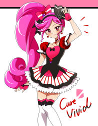 Rule 34 | 1girl, big hair, blush, bow, choker, earrings, fingerless gloves, gloves, hair ornament, headband, heart, heart earrings, heart hair ornament, heart necklace, highres, jewelry, kagami chihiro, lipstick, long hair, looking at viewer, magical girl, makeup, necklace, original, pink hair, precure, side ponytail, smile, thighhighs, waving, white background