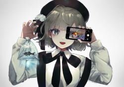 Rule 34 | 1girl, ?, absurdres, bag, bagged fish, beret, black ribbon, broken screen, cellphone, claw pose, collared shirt, fangs, fish, flower, glitch, goldfish, grey eyes, hair ribbon, hands up, hat, hat flower, hatoba tsugu, head tilt, highres, holding, holding phone, light brown hair, long sleeves, looking at viewer, neck ribbon, open mouth, phone, fake phone screenshot, ribbon, shirt, short hair, silhouette, simple background, skirt, smartphone, smile, solo, suspender skirt, suspenders, suspenders slip, swept bangs, tsugu (vtuber), twitter username, uneri (une une44), upper body, viewfinder, virtual youtuber, white background, white flower, white shirt