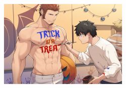 Rule 34 | 00047, 3boys, abs, bandages, bara, beowulf (fate), biceps, black hair, blush, body writing, english text, facial hair, fate/grand order, fate (series), fujimaru ritsuka (male), goatee, groin, halloween, halloween costume, jack-o&#039;-lantern, large pectorals, long sideburns, male focus, multiple boys, mummy costume, muscular, muscular male, naked bandage, napoleon bonaparte (fate), navel, nipples, paint on clothes, paintbrush, painting (action), pants, pectorals, pumpkin, pumpkin hat, short hair, sideburns, stubble, topless male, trick or treat, white pants