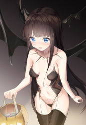 Rule 34 | absurdres, bare arms, black legwear, black wings, blue eyes, blush, breasts, brown hair, candy, demon wings, feet out of frame, fishnets, food, garter straps, gradient background, halloween, head wings, highres, holding, horns, long hair, looking at viewer, medium breasts, navel, nose blush, open mouth, panties, pubic tattoo, pumpkin, revealing clothes, sidelocks, single horn, straight hair, string panties, sweatdrop, tattoo, thighhighs, underwear, vadasory, very long hair, wavy mouth, wings