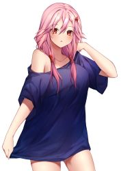 Rule 34 | 1girl, blue shirt, blush, collarbone, cowboy shot, guilty crown, hair between eyes, hair ornament, hair over shoulder, hairclip, hand in own hair, highres, long hair, looking at viewer, low twintails, off-shoulder shirt, off shoulder, open mouth, pink hair, red eyes, shirt, short sleeves, simple background, solo, standing, tsukichan (maynyan23), twintails, white background, yuzuriha inori