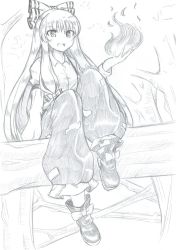Rule 34 | 1girl, arm at side, baggy pants, bow, branch, breasts, buttons, collared shirt, fire, fireball, footwear bow, forest, fujiwara no mokou, graphite (medium), greyscale, hair between eyes, hair bow, highres, holding, long hair, long sleeves, mahiro (akino-suisen), monochrome, nature, ofuda, open mouth, pants, shirt, shoes, sidelocks, sitting, sleeve cuffs, solo, suspenders, touhou, traditional media, tree, very long hair