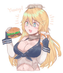 Rule 34 | 1girl, az toride, black gloves, blonde hair, blue eyes, breasts, cleavage, drink, drinking straw, fingerless gloves, food, front-tie top, gloves, burger, headgear, iowa (kancolle), kantai collection, large breasts, long hair, simple background, solo, star-shaped pupils, star (symbol), symbol-shaped pupils, upper body, white background