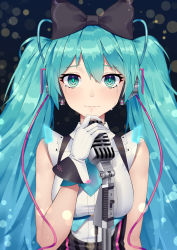 Rule 34 | 1girl, absurdres, black bow, blue eyes, blue hair, bow, breasts, crying, crying with eyes open, gloves, hair between eyes, hair bow, hatsune miku, highres, holding, holding microphone, lens flare, long hair, magical mirai (vocaloid), magical mirai miku, magical mirai miku (2016), medium breasts, microphone, microphone stand, sleeveless, smile, solo, suspenders, tears, twintails, upper body, very long hair, vocaloid, white gloves, xian yu zhanshi