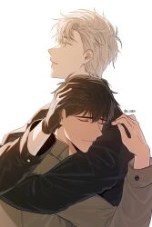 Rule 34 | 2boys, absurdres, bishounen, black gloves, black jacket, brown hair, closed eyes, gloves, highres, hug, ilay riegrow, jacket, jeong taeui, light smile, male focus, multiple boys, o ssion, passion (manhwa), short hair, simple background, upper body, white background, white hair, yaoi