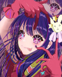 Rule 34 | 1girl, absurdres, blue pupils, blush, brooch, chromatic aberration, closed mouth, commentary, double v, dress, frilled dress, frilled gloves, frills, gloves, hair between eyes, hair ornament, haruto (82886106), heart, heart brooch, highres, hoshino ai&#039;s pose, hoshino ai (oshi no ko), idol, idol clothes, jewelry, light particles, long hair, looking at viewer, mismatched pupils, oshi no ko, pink dress, pink gloves, projected inset, purple eyes, purple hair, rabbit hair ornament, red pupils, sidelocks, solo, sparkle, star-shaped pupils, star (symbol), star hair ornament, symbol-shaped pupils, tongue, tongue out, turtleneck, turtleneck dress, two-tone dress, upper body, v, yellow dress